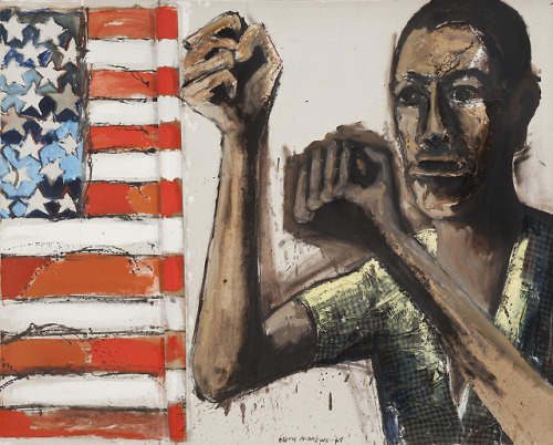 brooklynmuseum soulofanationbkm soul of a nation brooklyn museum flag u.s. united states of america patriotism exclusion benny andrews paradox art art history artist injustice black black community symble pledge aggression violence political