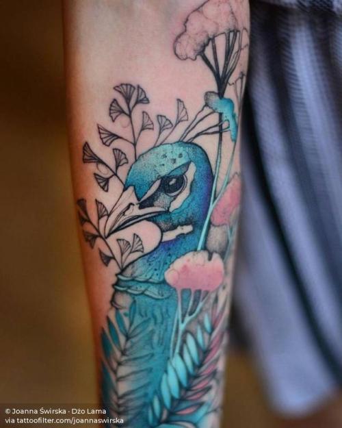 By Joanna Świrska · Dżo Lama, done at NASzA Tattoo Shop,... peacock;big;animal;bird;facebook;twitter;inner forearm;joannaswirska;illustrative