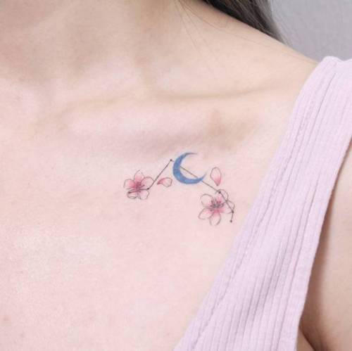 By Hyoa tattooer, done in Seoul. http://ttoo.co/p/35773 flower;small;cherry blossom;collarbone;spring;tiny;constellation;ifttt;little;hyoa;nature;crescent moon;aries constellation;moon;four season;illustrative;astronomy