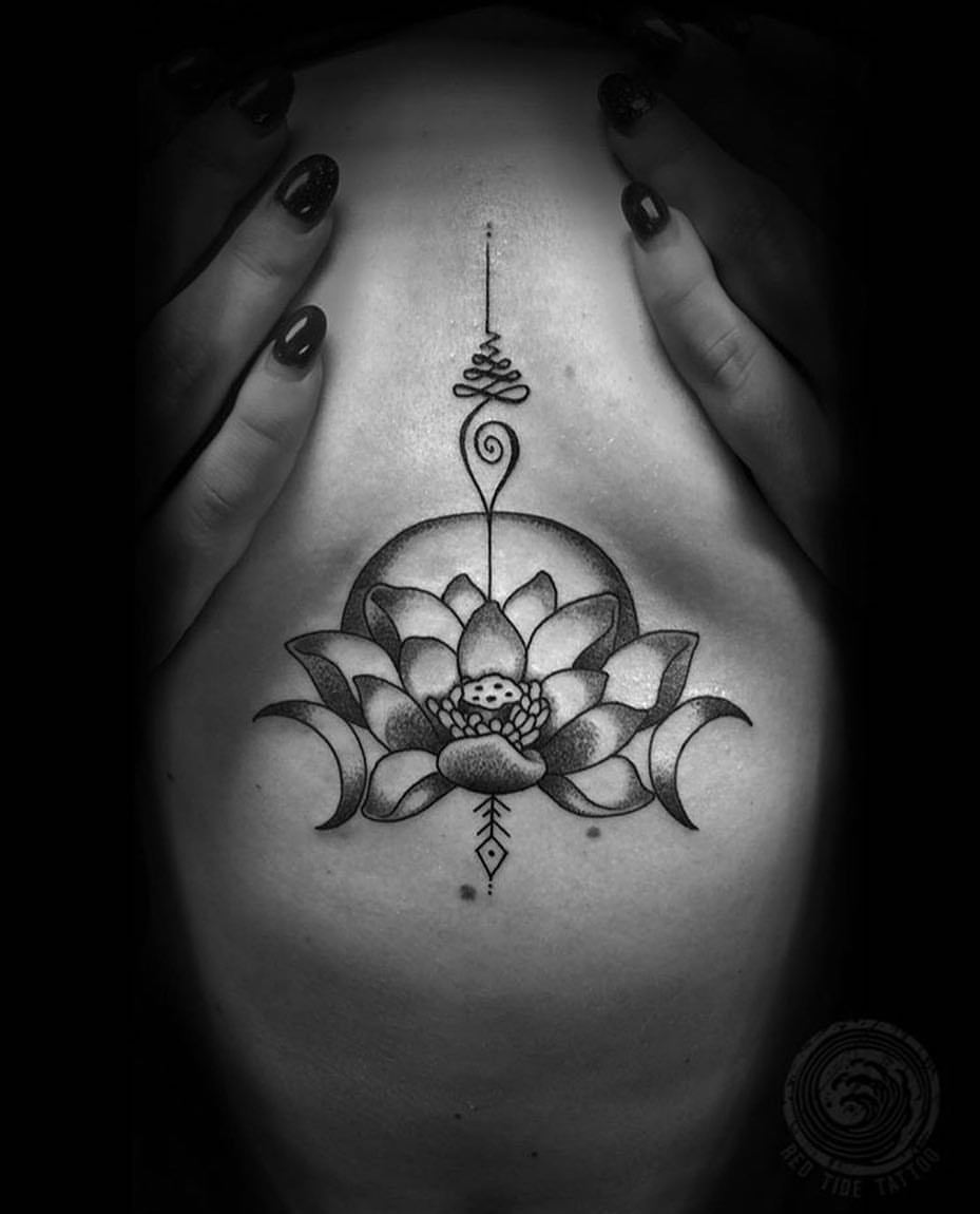 The Bell Rose Tattoo & Piercing — Sternum lotus flower unalome tattoo