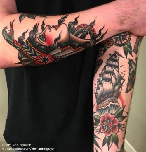 By Kim-Anh Nguyen, done at Seven Seas Tattoos, Eindhoven.... kim anhnguyen;nautical;traditional;big;watercraft;travel;women;facebook;forearm;twitter;warship;other