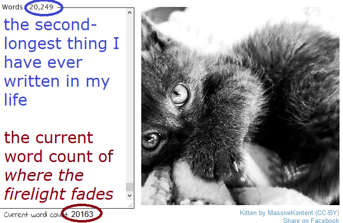 The second-longest thing I have ever written in my life is 20,249 words per AO3. The current word count of 'where the firelight fades' per Written? Kitten! is 20,163. Also, a kitten.