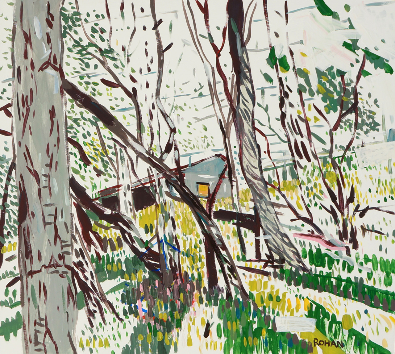 View of a Building on a Hill Through Trees, Stirling (Winter), acrylic on board, 2013