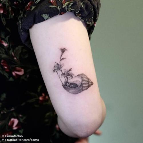 By Comotattoo, done in Seoul. http://ttoo.co/p/30346 flower;small;lily;shell;single needle;tricep;como;facebook;nature;twitter;ocean;illustrative