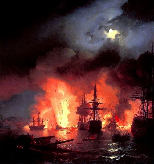 artist-aivazovski:Battle of Cesme at Night, Ivan...