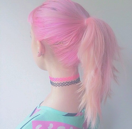 p-astle-s:Pastel cute pink and baby orange hair. Tied up in a...