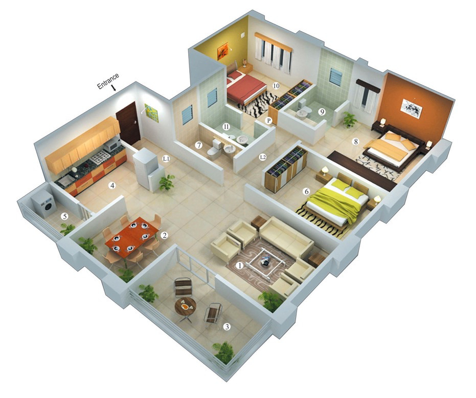 Home Designing — 25 More 3 Bedroom 3D Floor Plans