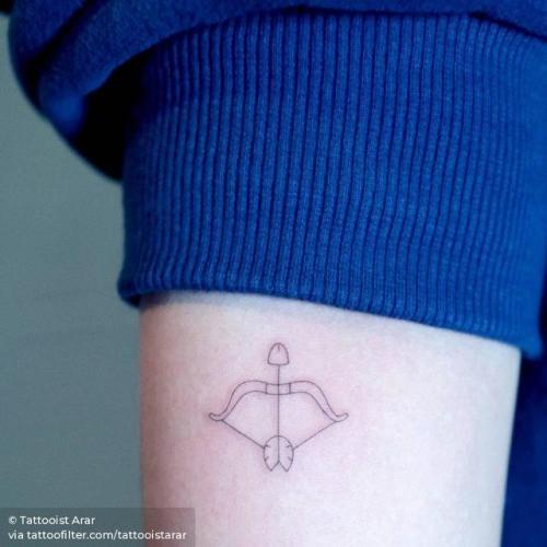 By Tattooist Arar, done in Seoul. http://ttoo.co/p/32728 tattooistarar;zodiac;bow and arrow;single needle;micro;line art;sagittarius;native american;facebook;astrology;twitter;minimalist;inner forearm;weapon;fine line