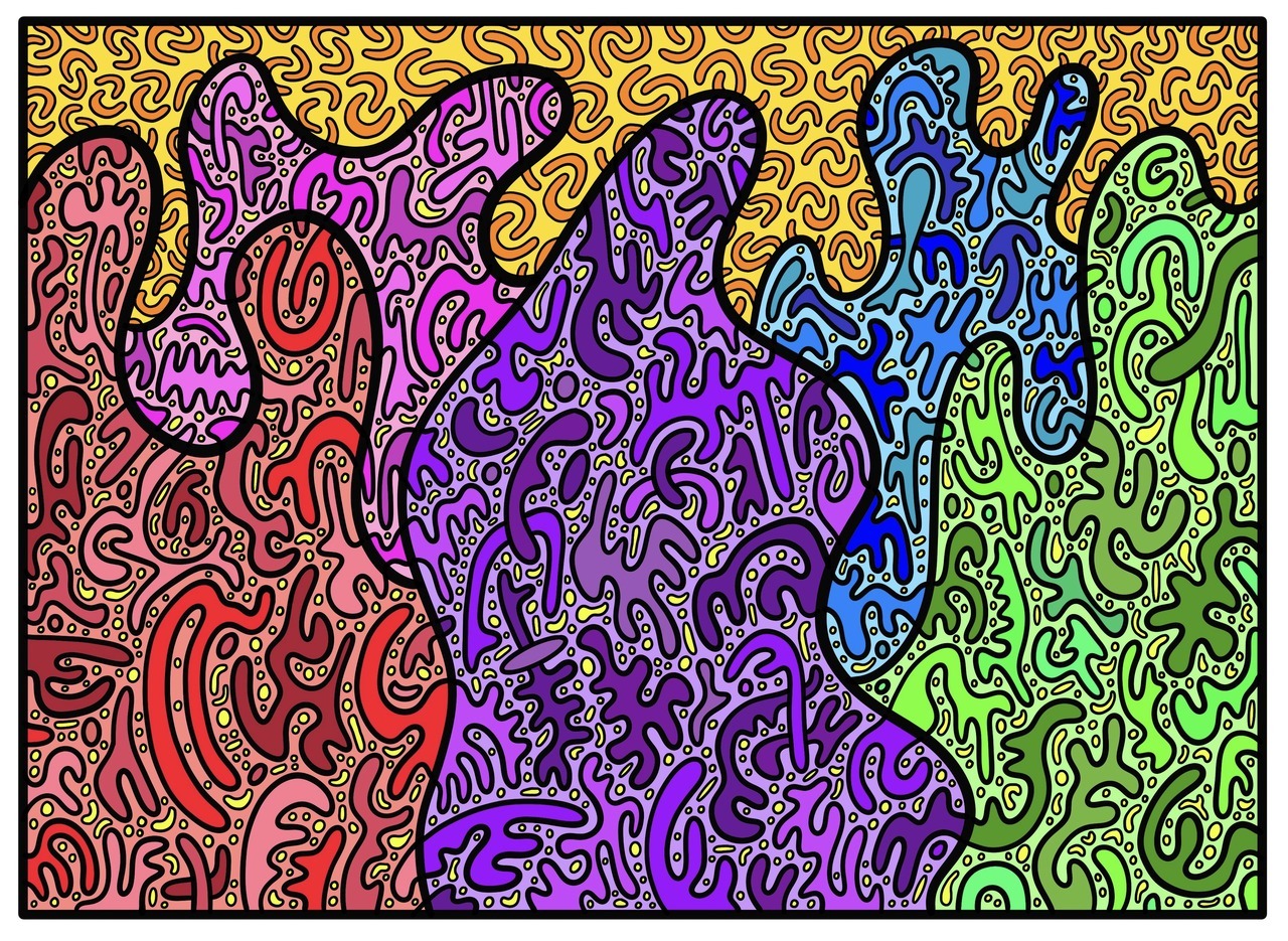 Vibrant colors and amorphous doodle blobs!