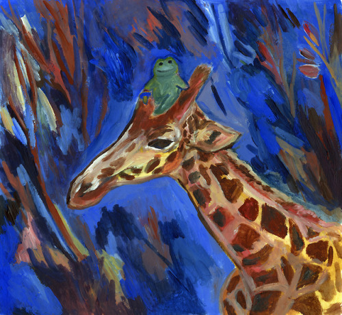doudou illu illustration gouache peinture painting colours girafe frog night animals ludwig giraffe peluche mysterious