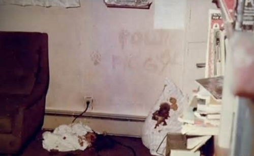 sociopathic-compulsions:
“Crime scene photo from the murder of Gary Hinman, who was killed by Manson follower Bobby Beausoleil, along with Manson family members Susan Atkins and Mary Brunner. After the murder, Beausoleil had drawn a paw print on the...