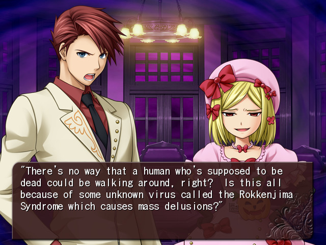 Umineko screenshot. Lambdadelta: “There’s no way that a human who’s supposed to be dead could be walking around, right? Is this all because of some unknown virus called the Rokkenjima Syndrome which causes mass delusions?”
