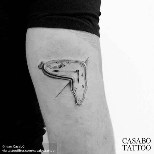 By Ivan Casabò, done at ELIJAH Tattoo & Barbershop,... spain;art;small;single needle;clock;tricep;tiny;casabo.tattoo;ifttt;little;location;the persistence of memory;europe;other;salvador dali;patriotic