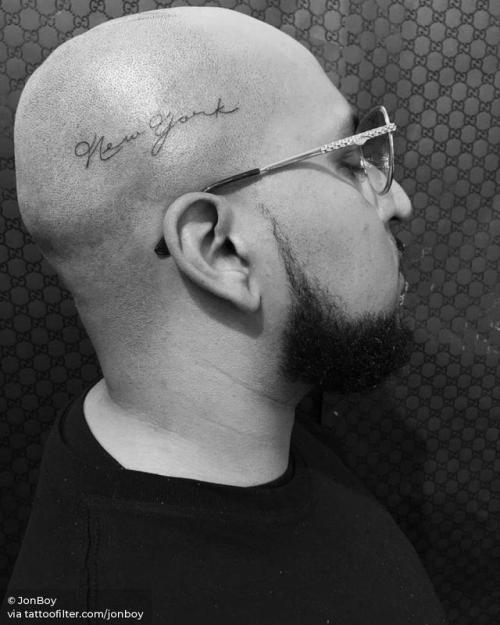 By JonBoy, done at West 4 Tattoo, Manhattan.... fine line;head;jonboy;small;line art;new york city;facebook;location;name;twitter;new york;lettering