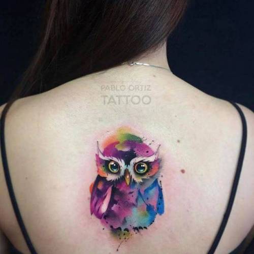 By Pablo Ortiz, done at Kutulo Tattoo, Toledo.... small;owl;animal;watercolor;bird;facebook;upper back;twitter;pabloortiz