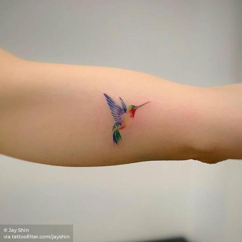By Jay Shin, done at Bang Bang Tattoo, Manhattan.... jayshin;small;inner arm;animal;watercolor;tiny;bird;ifttt;little;hummingbird