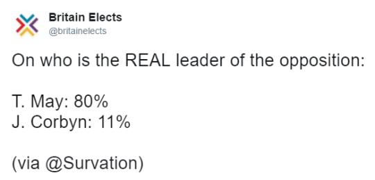 Tweet by Britain Elects (@britainelects):
On who is the REAL leader of the opposition:

T. May: 80%
J. Corbyn: 11%

(via @Survation)