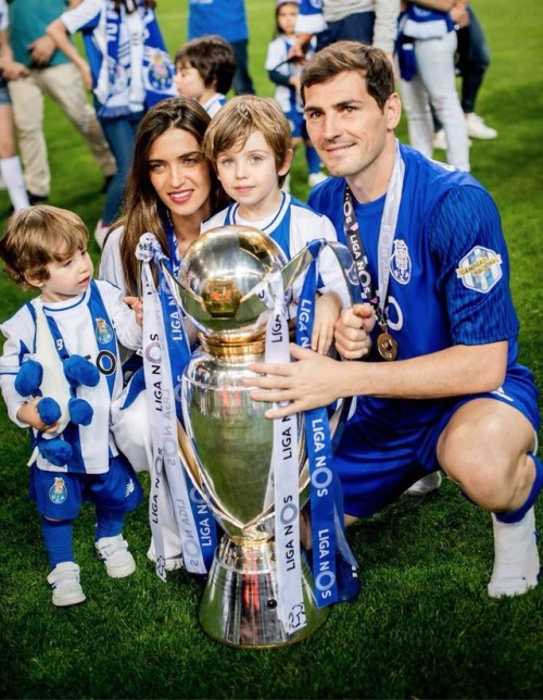 Iker Casillas with his family celebrates winning of Primeira Liga cup at the Estadio do Dragao.