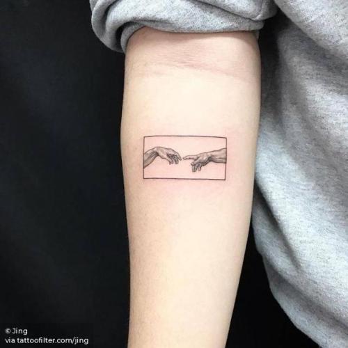 By Jing, done at Jing’s Tattoo, Queens.... jing;art;small;anatomy;tiny;michelangelo;ifttt;little;location;inner forearm;italy;europe;the creation of adam;illustrative;hand;fine line;patriotic;line art