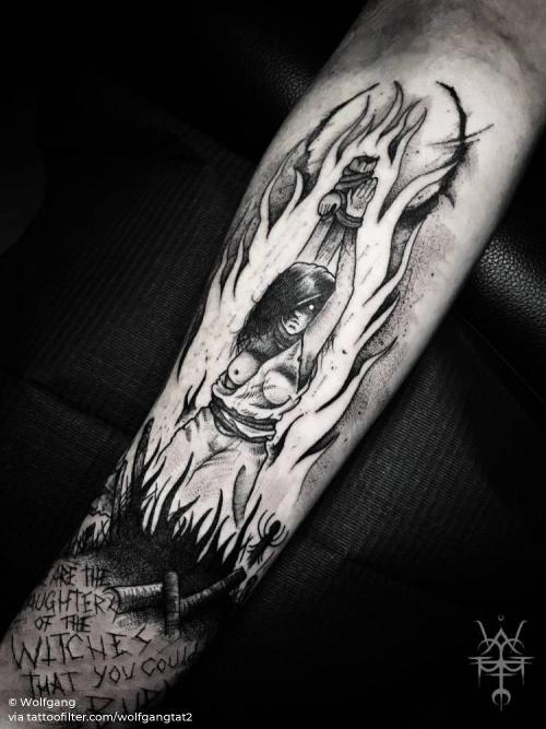 By Wolfgang, done in Melbourne. http://ttoo.co/p/34969 blackwork;facebook;horror;illustrative;inner forearm;medium size;mythology;punishment;spooky;twitter;witch;wolfgangtat2