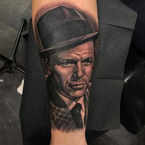 By Alex Rattray, done at Red Hot and Blue Tattoo, Edinburgh.... music;black and grey;patriotic;frank sinatra;big;united states of america;character;facebook;twitter;alexrattray;portrait;inner forearm