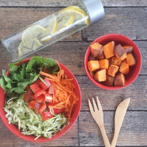 queenpups:Salad, Sweet Potato Roasties and Homemade “Lemonade”...