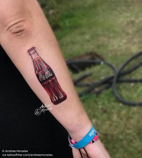 By Andrea Morales, done in Gijón. http://ttoo.co/p/34806 andreamorales;brand;coca cola bottle;coca cola;drink;facebook;forearm;medium size;realistic;twitter