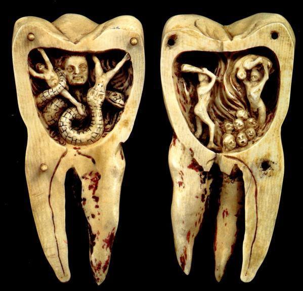 elmayordelosdiez: “Ivory teeth from 1780, with a tooth worm and the sufferings of Hell ”