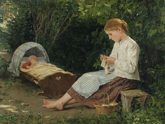 Knitting Girl Watching the Toddler in a Craddle, 1885, Albert Anker