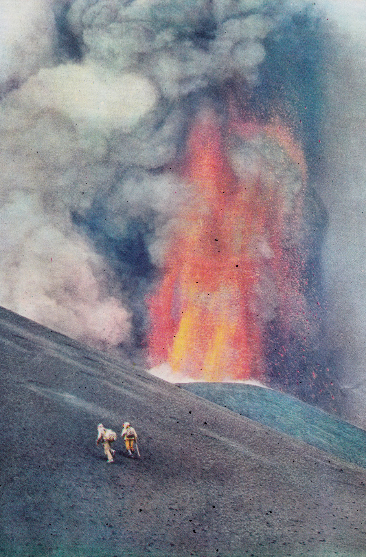 Scientists monitor eruption of the Tolbachik volcano. Kamchatka, Russia (1978). Photo by V. Gippenreiter.