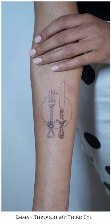 Black And Grey Fork With Knife Tattoo