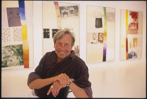 Image: Artist Robert Rauschenberg sitting in front of his "Vydock" series, photographed in his Laika Lane studio in Captiva, FL in 1995