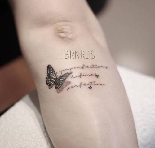 By Elda Bernardes, done at Defender Ink, Zürich.... eldabernardes;insect;small;elbow;languages;butterfly;animal;facebook;forearm;twitter;english;imperfections define perfection;quotes;illustrative;english tattoo quotes