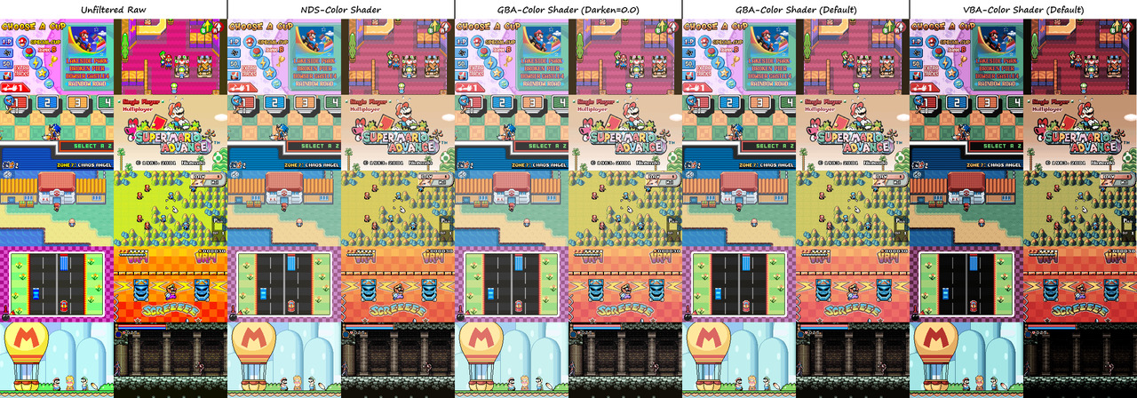 Comparison of my shader interpretation of the GBA and NDS color space. NDS is a bit more saturated than GBA and reds are more warm. GBA-Color shader has an option for darkening, which lowers the input...