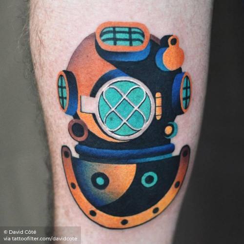 By David Côté, done at Brown Brothers Tattoo, Chicago.... contemporary;davidcote;facebook;helmet;inner forearm;medium size;object;other;pop art;profession;twitter;underwater diving