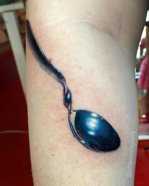By Shannon Perry, done at Valentine’s Tattoo Co., Seattle.... calf;kitchenware;facebook;realistic;twitter;shannonperry;medium size;spoon;other