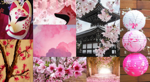aesthetic moodboard cherry blossoms oriental japanese painted lanterns painting kitsune forest guardian yokai spirit cleansing temple guardian shrone keeper music art pink foxes flowers