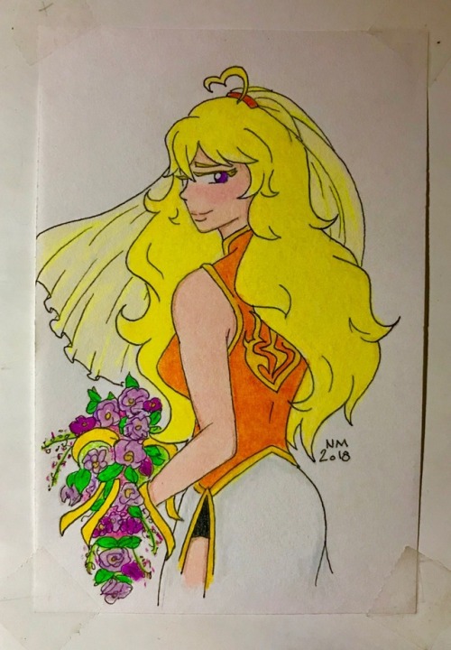the real why is cause I just watched that episode of friends where rachel and Monica and phoebe all wear weddings gowns yang xiao long cheongsam I hate drawing flowers guess who she’s marrying it rhymes with...cake prismacolour pencils rwby fan art bumbleby