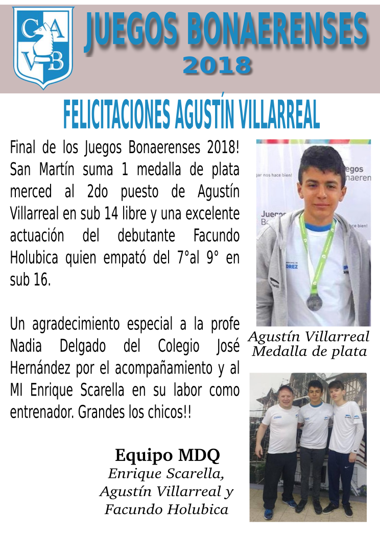 JUEGOS BONAERENSES 2018
Felicitaciones AgustÃ­n Villarreal, Medalla de plata en la categorÃ­a sub 14 libre en los Juegos Bonaerenses 2018, junto con una excelente actuaciÃ³n del debutante Facundo Holubica en Sub 16.