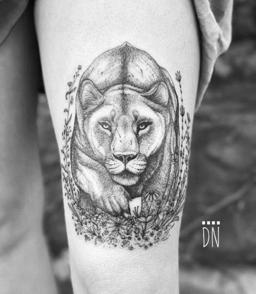 By Dino Nemec, done at Lone Wolf Private Tattooing Studio,... dinonemec;feline;lioness;animal;thigh;facebook;twitter;medium size;illustrative