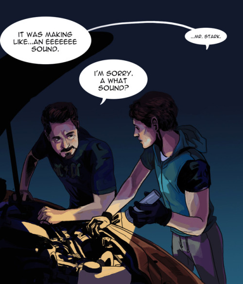 spidey-art:May’s car craps out.  Tony helps.  And teaches Peter...