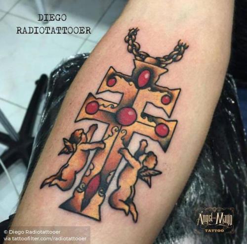 By Diego Radio Tattoo, done at Ángel de Mayo Tattoo, Alcalá de... christian;traditional;facebook;caravaca cross;twitter;radiotattooer;inner forearm;medium size;religious