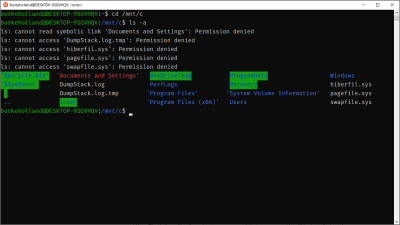 The Ubuntu terminal with the contents for the C drive listed out