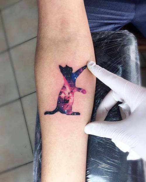 By Adrian Bascur, done at NVMEN, Viña del Mar.... small;pet;feline;astronomy;animal;watercolor;tiny;galaxy;adrianbascur;ifttt;little;inner forearm;cat