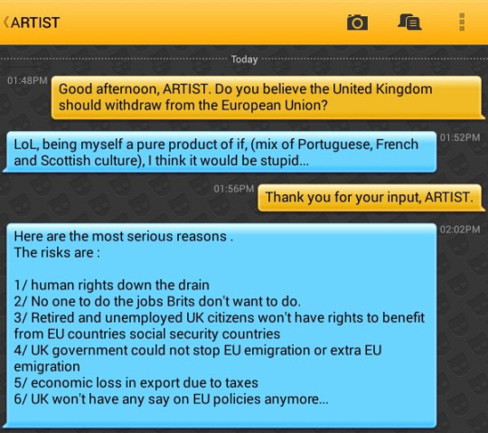 Me: Good afternoon, ARTIST. Do you believe the United Kingdom should withdraw from the European Union?
ARTIST: LoL, being myself a pure product of if, (mix of Portuguese, French and Scottish culture), I think it would be stupid...
Me: Thank you for your input, ARTIST.
ARTIST: Here are the most serious reasons.
The risks are :

1/ human rights down the drain
2/ No one to do the jobs Brits don't want to do.
3/ Retired and unemployed UK citizens won't have rights to benefit from EU countries social security countries
4/ UK government could not stop EU emigration or extra EU emigration
5/ economic loss in export due to taxes
6/ UK won't have any say on EU policies anymore...