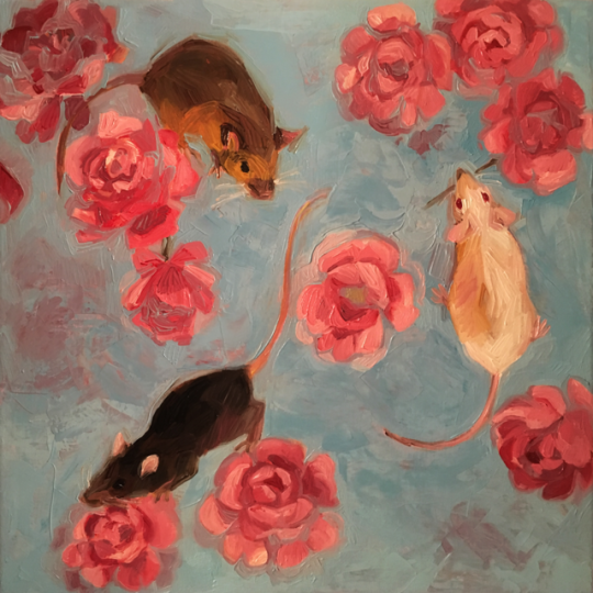 3 mice (oil on canvas 12″x12″) redbubble!
