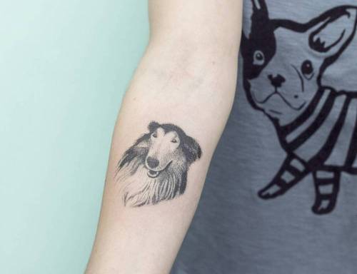 stickandpoketattoo:Hand poked collie tattoo on the right inner... nano;dog;stick and poke;animal;collie;hand poked;inner forearm