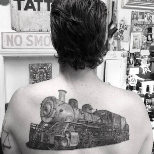 By Dr. Woo, done at Shamrock Social Club, West Hollywood.... single needle;big;train;travel;facebook;upper back;twitter;drwoo