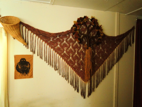 this shawl is too heavy for me to actually wear, so on the wall...