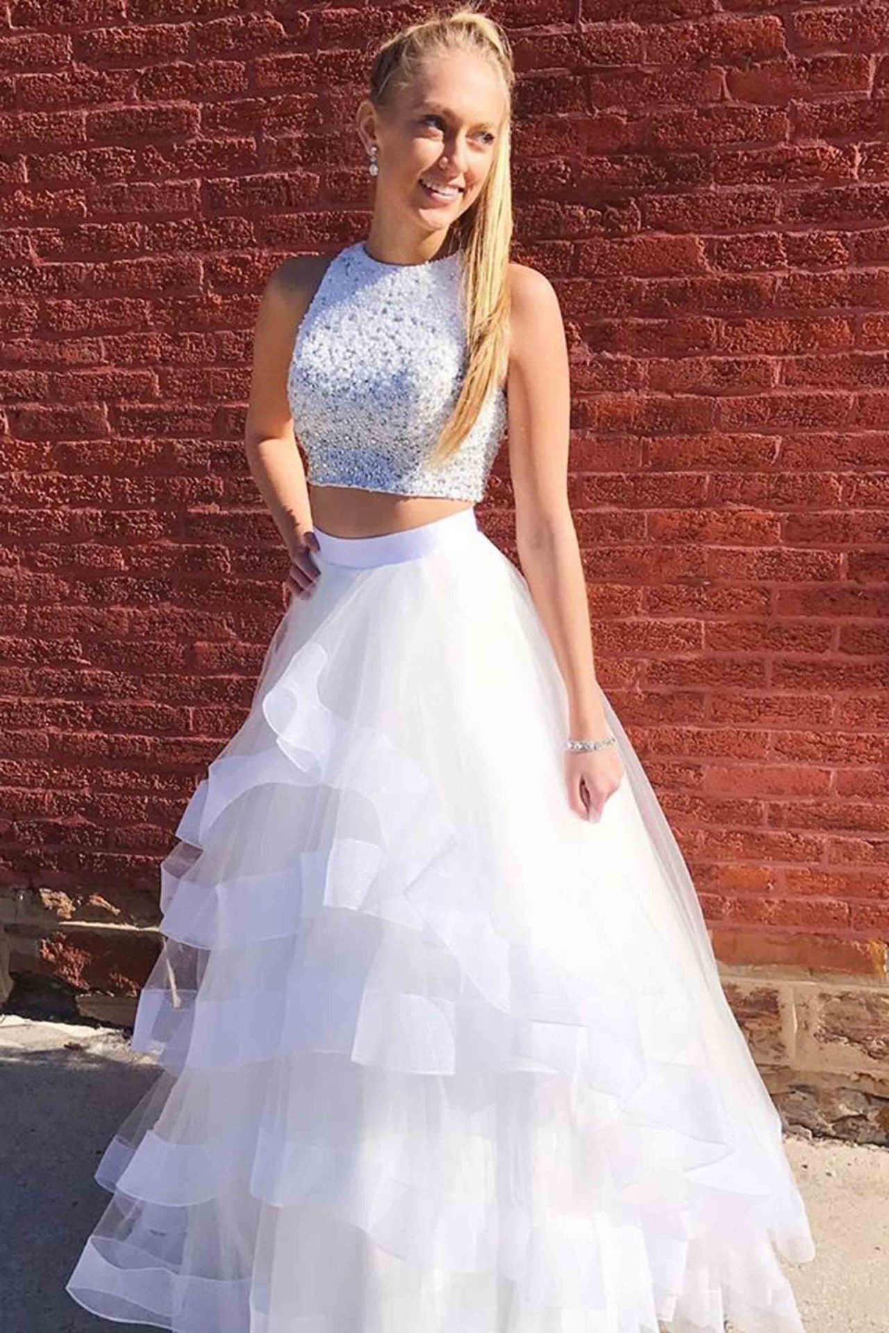  Cute  white tulle sequins two pieces prom  dress  for 